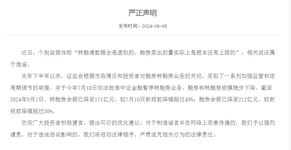 中证金融:“转融通数据全是虚拟、融券卖出的量实际上没有上限”的相关说法属于造谣