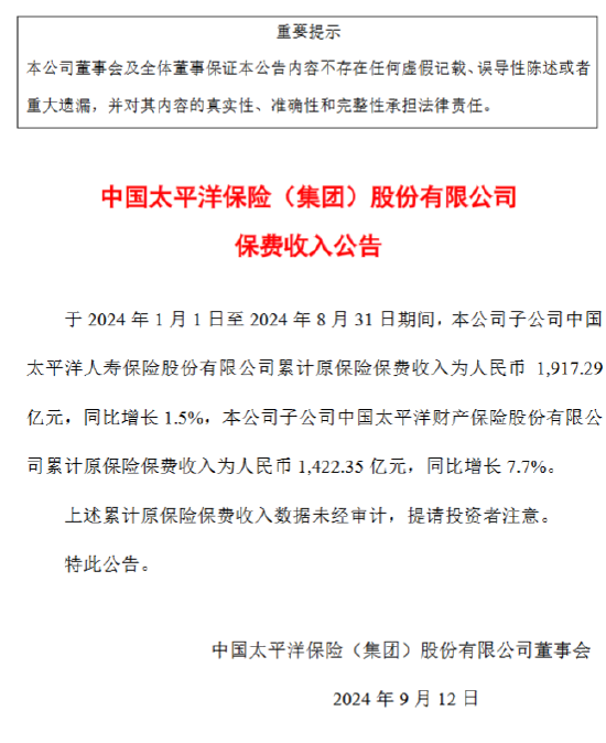 中国太保:前8月太保寿险原保险保费收入1917.29亿元 同比增长1.5%