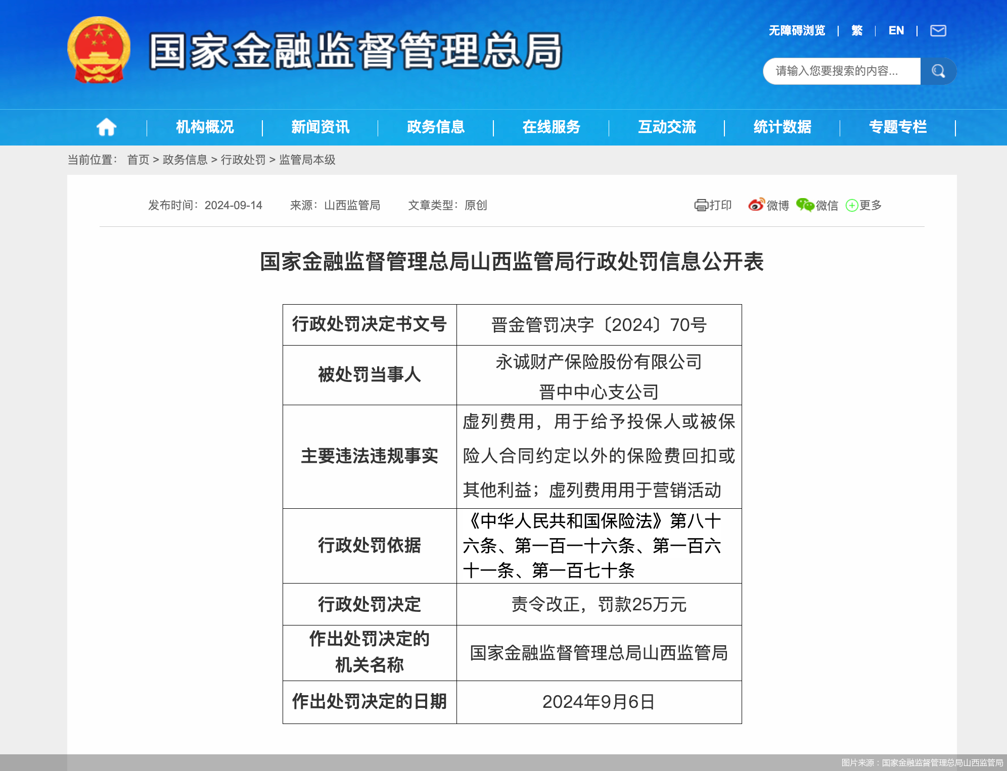 因虚列费用用于营销活动等,永诚财险晋中中支合计被罚30万元