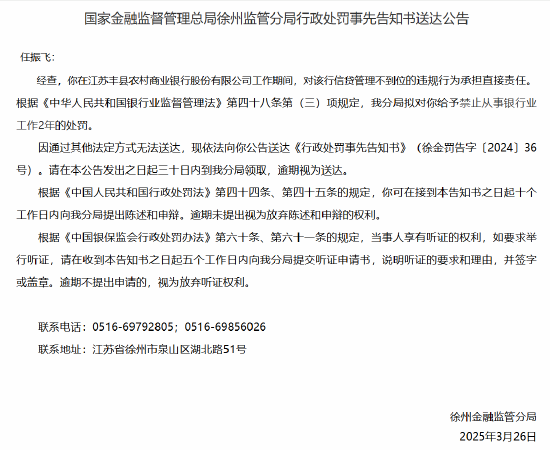 江苏丰县农村商业银行两名员工因信贷管理不到位遭禁业处罚