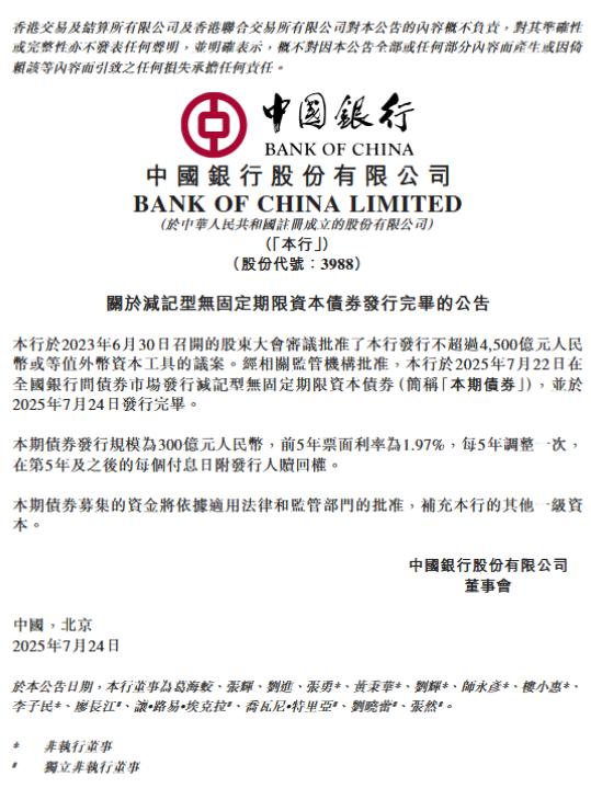 中国银行：完成发行减记型无固定期限资本债券