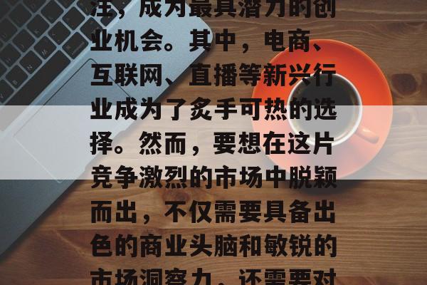 在这个充满变革的时代里，每个人都在为实现自我价值而努力。而在众多行业和职业中，有几个领域最受人们的关注，成为最具潜力的创业机会。其中，电商、互联网、直播等新兴行业成为了炙手可热的选择。然而，要想在这片竞争激烈的市场中脱颖而出，不仅需要具备出色的商业头脑和敏锐的市场洞察力，还需要对当前热门趋势有深刻的理解和把握。，新经济时代的创业浪潮，电商、互联网与直播的机遇与挑战