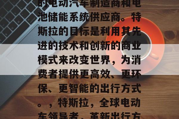 特斯拉是一家全球领先的电动汽车制造商和电池储能系统供应商。特斯拉的目标是利用其先进的技术和创新的商业模式来改变世界，为消费者提供更高效、更环保、更智能的出行方式。，特斯拉，全球电动车领导者，革新出行方式