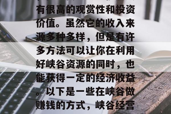 峡谷作为一种自然景观,在现代社会中依然具有很高的观赏性和投资价值。虽然它的收入来源多种多样,但是有许多方法可以让你在利用好峡谷资源的同时,也能获得一定的经济收益。以下是一些在峡谷做赚钱的方式,峡谷经营指南,寻找盈利点并提升投资回报率 峡谷作为一种自然景观,在现代社会中依然具有很高的观赏性和投资价值。虽然它的收入来源多种多样,但是有许多方法可以让你在利用好峡谷资源的同时,也能获得一定的经济收益。以下是一些在峡谷做赚钱的方式,峡谷经营指南,寻找盈利点并提升投资回报率