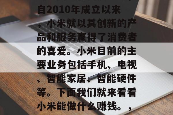小米是一家由雷军创立的中国民营科技公司,自2010年成立以来,小米就以其创新的产品和服务赢得了消费者的喜爱。小米目前的主要业务包括手机、电视、智能家居、智能硬件等。下面我们就来看看小米能做什么赚钱。,小米企业介绍,小米如何盈利? 小米是一家由雷军创立的中国民营科技公司,自2010年成立以来,小米就以其创新的产品和服务赢得了消费者的喜爱。小米目前的主要业务包括手机、电视、智能家居、智能硬件等。下面我们就来看看小米能做什么赚钱。,小米企业介绍,小米如何盈利?