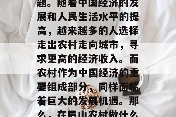 眉山农村做什么赚钱？这是一个令人垂涎的问题。随着中国经济的发展和人民生活水平的提高，越来越多的人选择走出农村走向城市，寻求更高的经济收入。而农村作为中国经济的重要组成部分，同样面临着巨大的发展机遇。那么，在眉山农村做什么赚钱呢？，眉山农村热门创业项目有哪些？