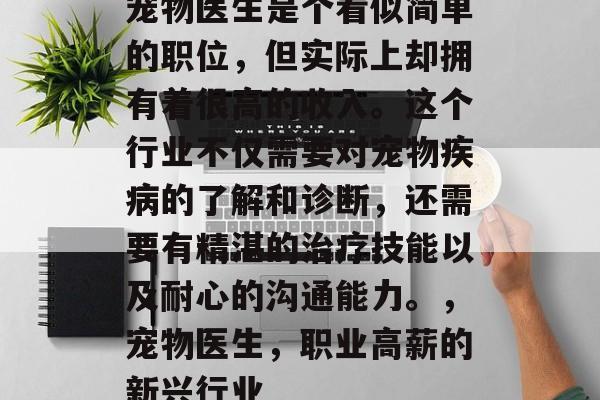 宠物医生是个看似简单的职位,但实际上却拥有着很高的收入。这个行业不仅需要对宠物疾病的了解和诊断,还需要有精湛的治疗技能以及耐心的沟通能力。,宠物医生,职业高薪的新兴行业 宠物医生是个看似简单的职位,但实际上却拥有着很高的收入。这个行业不仅需要对宠物疾病的了解和诊断,还需要有精湛的治疗技能以及耐心的沟通能力。,宠物医生,职业高薪的新兴行业