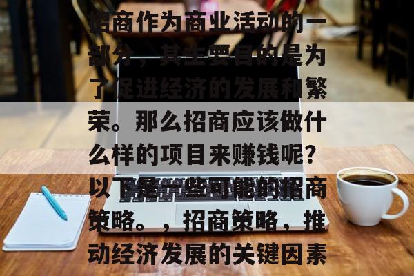 招商作为商业活动的一部分,其主要目的是为了促进经济的发展和繁荣。那么招商应该做什么样的项目来赚钱呢?以下是一些可能的招商策略。,招商策略,推动经济发展的关键因素 招商作为商业活动的一部分,其主要目的是为了促进经济的发展和繁荣。那么招商应该做什么样的项目来赚钱呢?以下是一些可能的招商策略。,招商策略,推动经济发展的关键因素