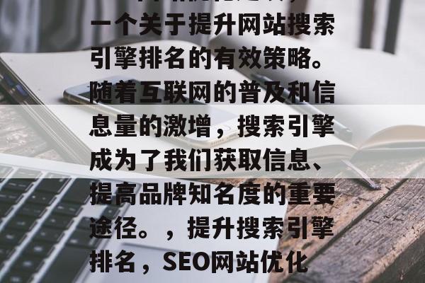 SEO网站优化建议，一个关于提升网站搜索引擎排名的有效策略。随着互联网的普及和信息量的激增，搜索引擎成为了我们获取信息、提高品牌知名度的重要途径。，提升搜索引擎排名，SEO网站优化策略