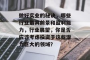做好实业的秘诀,哪些行业最具前景和盈利能力,行业展望,你是否应该考虑投资于这些潜力巨大的领域? 做好实业的秘诀,哪些行业最具前景和盈利能力,行业展望,你是否应该考虑投资于这些潜力巨大的领域?