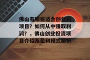 佛山有哪些适合创业的项目?如何从中赚取利润?,佛山创业投资项目介绍及盈利模式解析