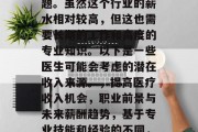 医生的职业收入情况一直是一个备受关注的话题。虽然这个行业的薪水相对较高,但这也需要长期的工作和高度的专业知识。以下是一些医生可能会考虑的潜在收入来源。,提高医疗收入机会,职业前景与未来薪酬趋势,基于专业技能和经验的不同,医生职业收入可能有所波动 医生的职业收入情况一直是一个备受关注的话题。虽然这个行业的薪水相对较高,但这也需要长期的工作和高度的专业知识。以下是一些医生可能会考虑的潜在收入来源。,提高医疗收入机会,职业前景与未来薪酬趋势,基于专业技能和经验的不同,医生职业收入可能有所波动