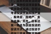 日本有什么赚钱的项目？，日本的商业活动众多，各种投资项目都有机会获得成功。您可以考虑投资于高科技产业、服务业、房地产、金融业等。另外，日本还有一种名为创业投资的投资方式，通过投资于初创公司来获取高额回报。