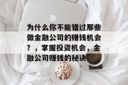 为什么你不能错过那些做金融公司的赚钱机会？，掌握投资机会，金融公司赚钱的秘诀