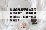 到越南开展哪些生意可实现盈利？，越南盈利商机探索，适合开展哪些生意？