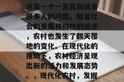 现代农村做什么赚钱？这是一个一直在困扰着很多人的问题。随着社会的发展和科技的进步，农村也发生了翻天覆地的变化。在现代化的推动下，农村经济呈现出新的活力和发展态势。，现代化农村，发掘潜在财富的新天地