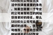 SEO优化公司在您生活中扮演着重要的角色。如果您需要一个专业的公司来帮助您的网站获得更好的排名，那么SEO优化公司可能是最好的选择。，优化公司推荐，专业助您提升网站排名的SEO专家