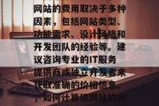 建网站得多少钱？，建网站的费用取决于多种因素，包括网站类型、功能需求、设计风格和开发团队的经验等。建议咨询专业的IT服务提供商或独立开发者来获取准确的价格信息。，如何计算建网站的成本？