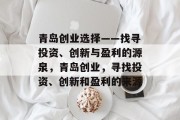 青岛创业选择——找寻投资、创新与盈利的源泉,青岛创业,寻找投资、创新和盈利的来源