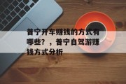 普宁开车赚钱的方式有哪些？，普宁自驾游赚钱方式分析