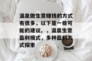 温泉做生意赚钱的方式有很多,以下是一些可能的建议。,温泉生意盈利模式,多种盈利方式探索