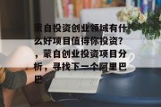 蒙自投资创业领域有什么好项目值得你投资？，蒙自创业投资项目分析，寻找下一个阿里巴巴