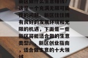 新区做什么生意赚钱？这是一个充满无限可能性的问题。新区往往拥有良好的发展环境和无限的机遇，下面是一些新区可能适合做的生意类型。，新区创业指南，适合做生意的十大领域