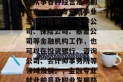 金融专业是指在金融领域从事各种经营活动的专业。金融专业的毕业生可以在银行、证券公司、保险公司、基金公司等金融机构工作，也可以在投资银行、咨询公司、会计师事务所等领域发展。，金融专业就业前景及职业发展路径